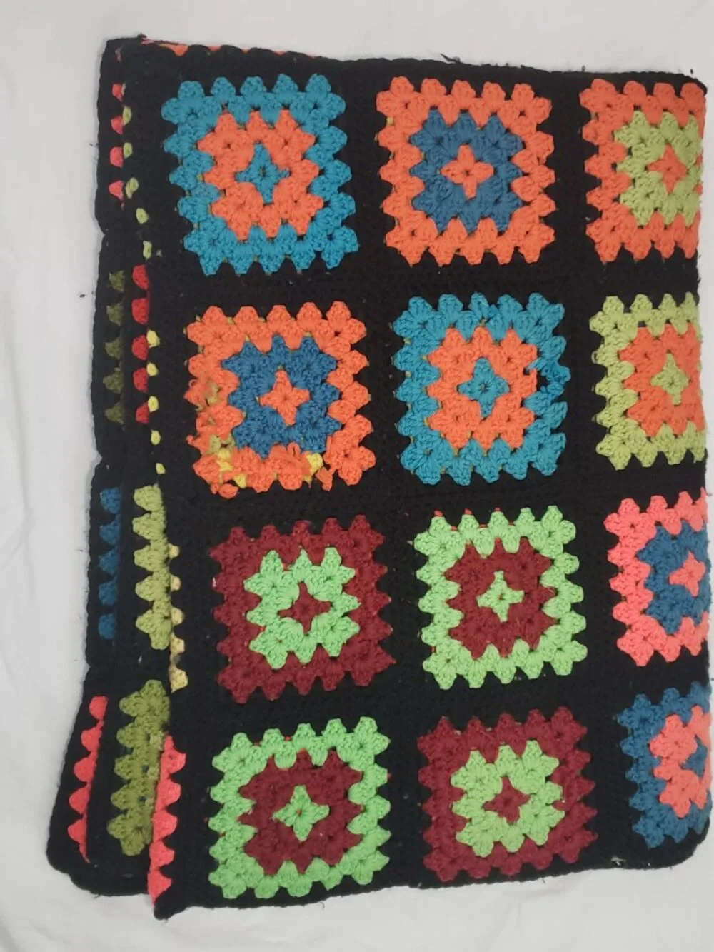 Vintage Granny Square Afghan Black Rainbow Crochet Blanket 56x90 Handmade Throw